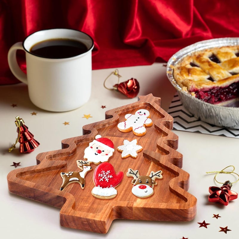 Gtencemen Acacia Wood Christmas Tree Tray - Decorative Serving Platter, Festive Plate, Xmas Dish & Wooden Charcuterie Board for Holiday Gift, Cheese, Fruit, Veggie & Cookie, Food, Snack, 16” x 10” - Image 3